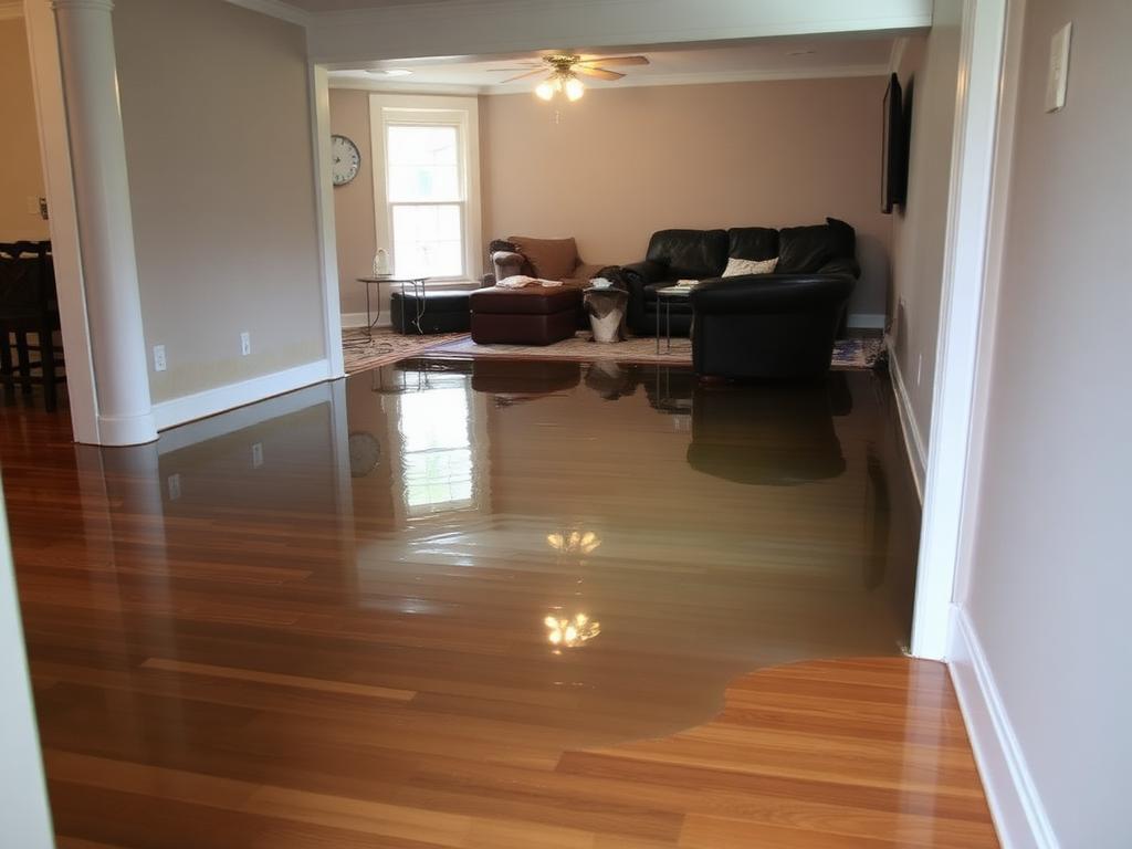Before: flooded basement water damage in Buckhead Atlanta home with standing water on hardwood floor