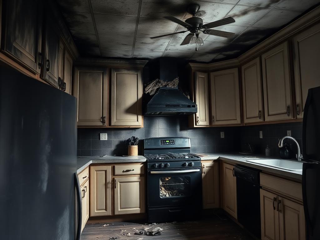 Before: kitchen fire and smoke damage in Decatur Atlanta home with soot-covered cabinets and ceiling