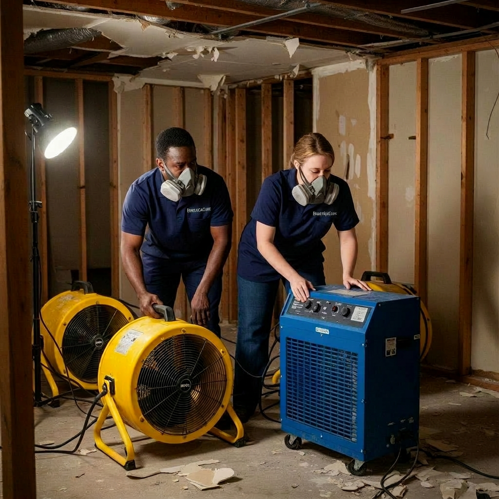 Two professional restoration technicians setting up commercial air movers and dehumidifier in an Atlanta basement after water damage