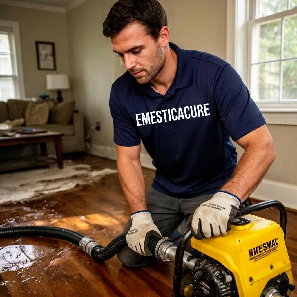 IICRC-certified water damage technician in navy uniform extracting standing water from hardwood floors in an Atlanta home living room
