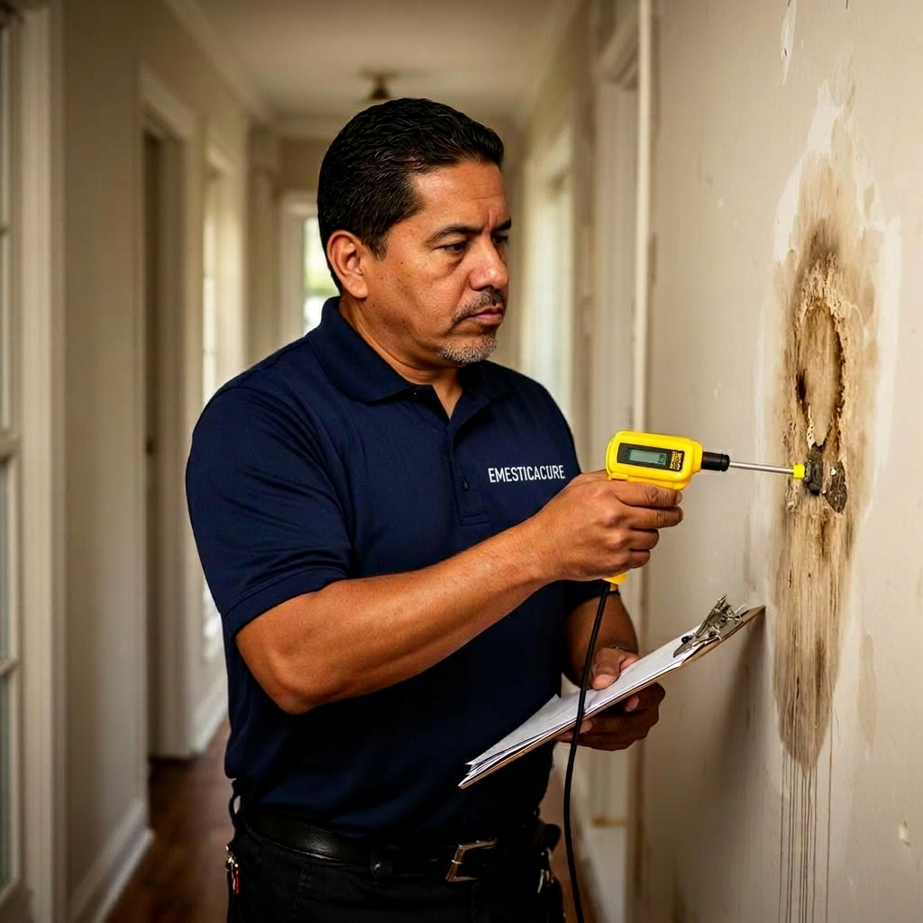 Atlanta water damage inspector using a moisture meter on a stained drywall section during a free home inspection