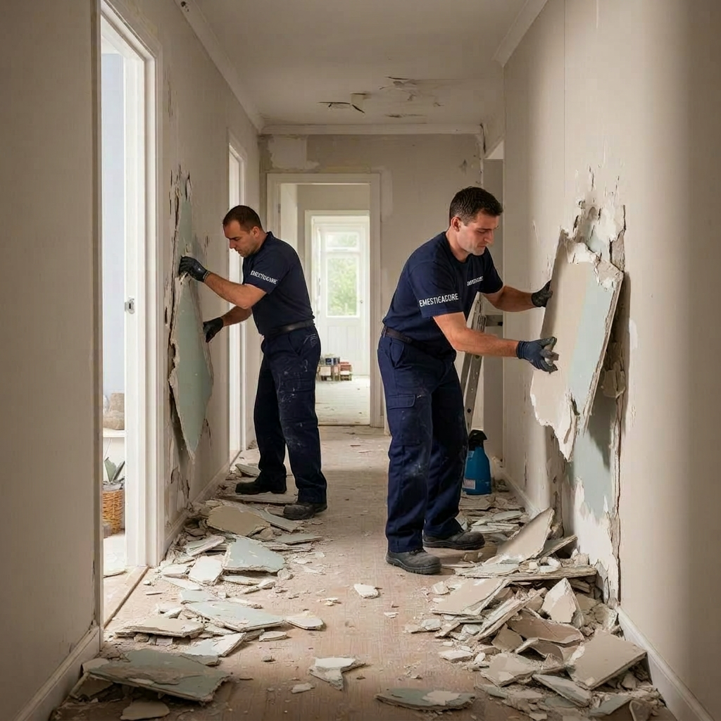 Technicians removing damaged drywall during a Kennesaw, GA restoration job