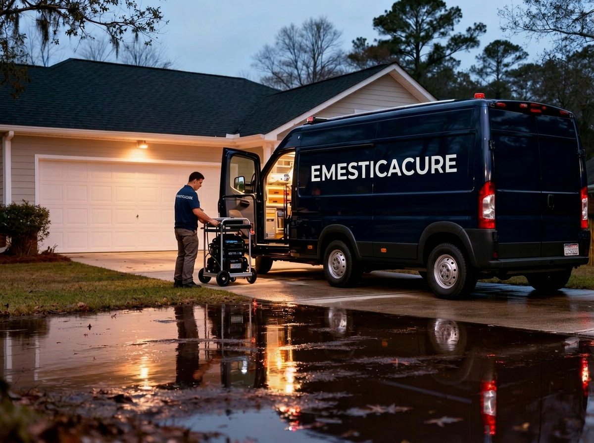 Emergency response van outside a Metro Atlanta & Georgia home at dusk