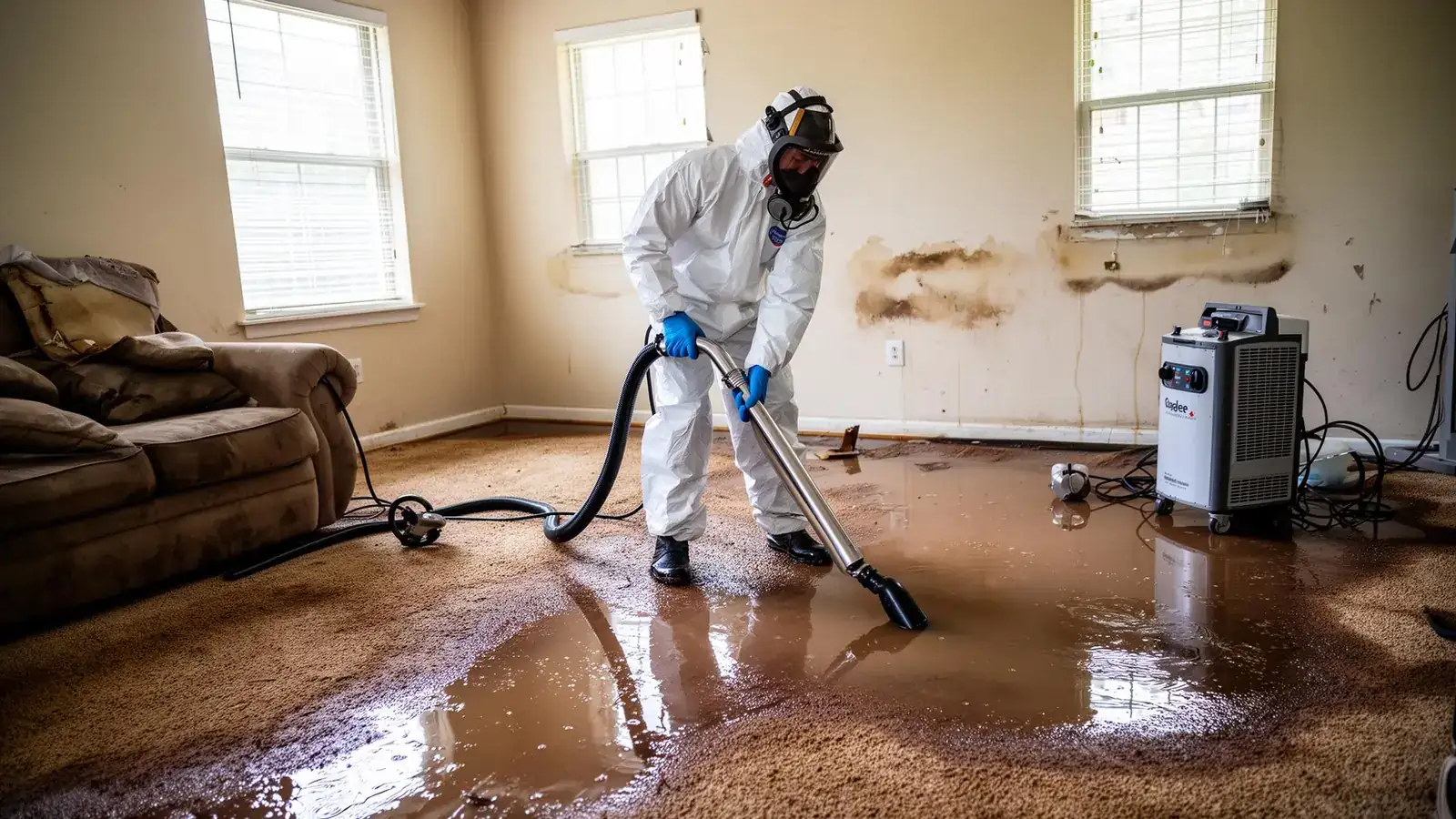 Emergency water damage restoration technician extracting flood water from a Georgia home