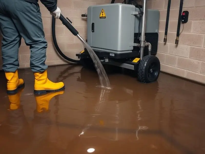 Industrial water extraction pump removing standing water from a flooded Georgia basement