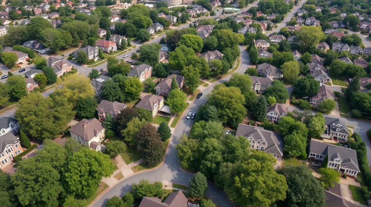 Aerial view of Atlanta neighborhoods with varying water damage risk levels - EmesticaCure