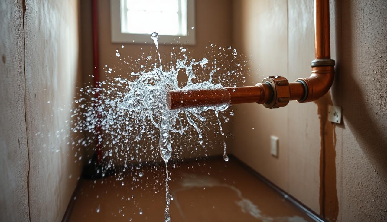 Frozen burst copper pipe spraying water in Alpharetta Georgia home laundry room - EmesticaCure