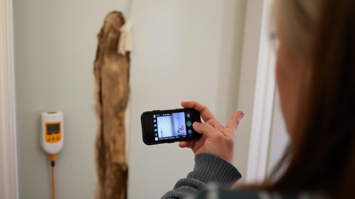 Homeowner photographing water damage for insurance documentation in Georgia - EmesticaCure