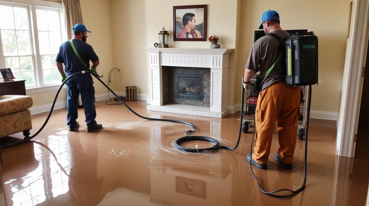 Water damage restoration crew extracting water from flooded living room in Georgia - EmesticaCure