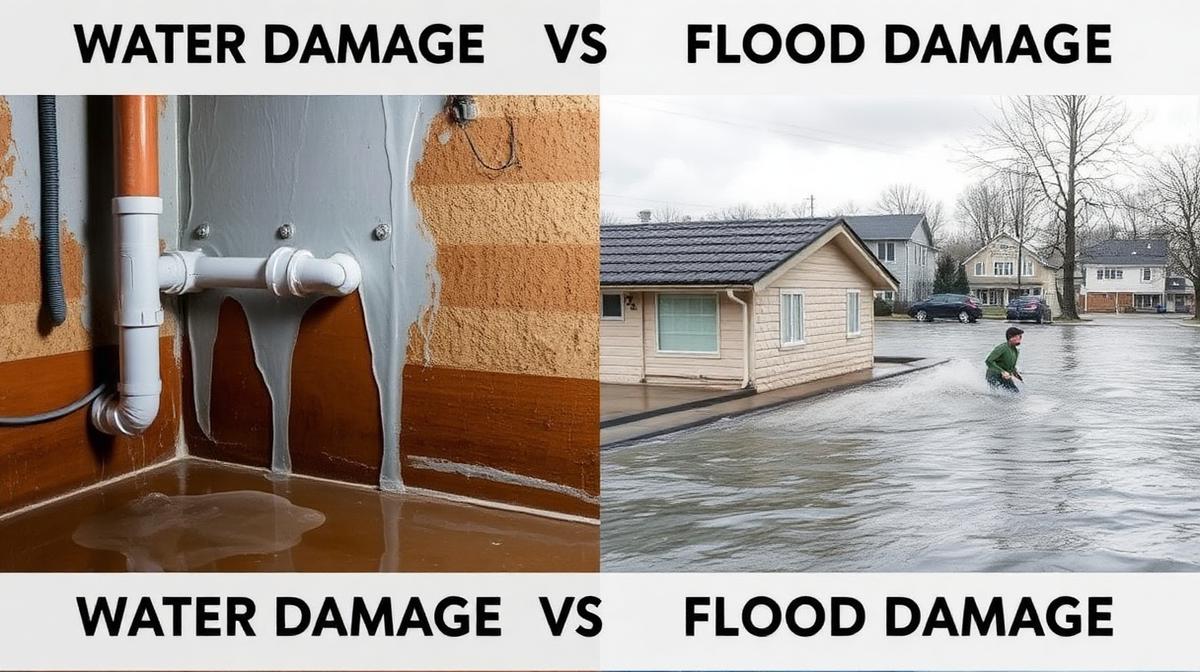 Side by side water damage and flood insurance policies on table - EmesticaCure